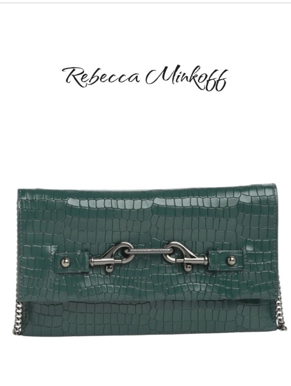 Rebecca Minkoff Lou Croc-Embossed Leather Foldover Clutch Dark Green NWT